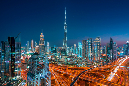 Evening view of the Dubai busy streets 